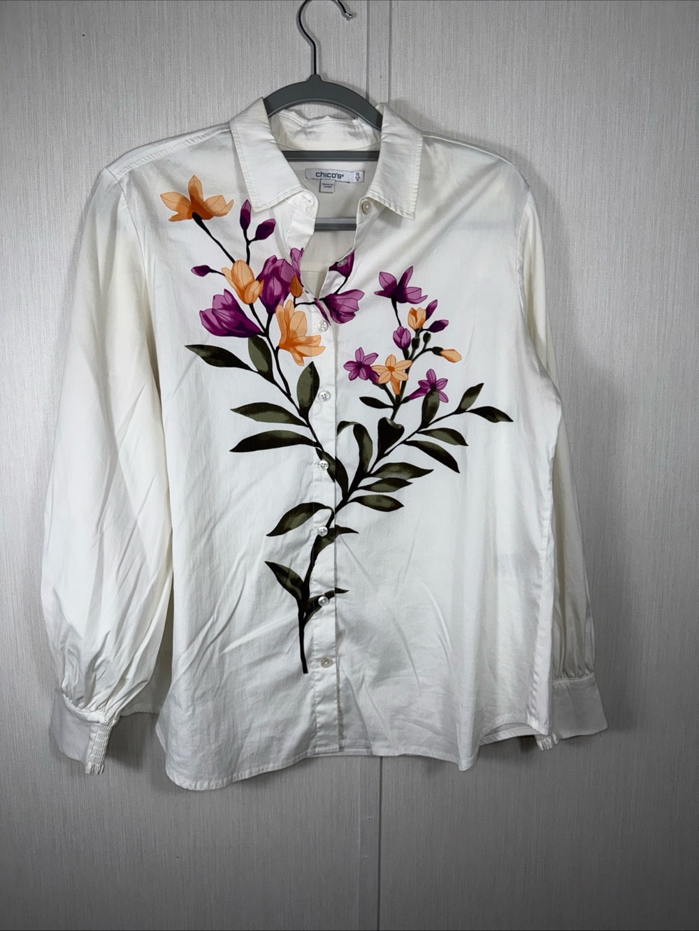 Chico's Poplin 1.5 (10) Womens Button Up Shirt Tunic Log Sleeve White Floral